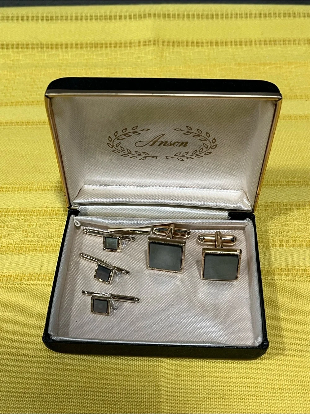 Vintage 1950s Anson Gold & Smoke Mother of Pearl Tuxedo Cufflink & Stud Set!